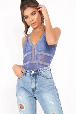 Rebellious Fashion Blue Lace Sleeveless Open Back Bodysuit - Molina