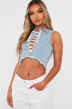 Rebellious Fashion Blue Lace Up Denim Crop Top - Floyd