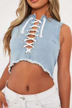 Rebellious Fashion Blue Lace Up Denim Crop Top - Floyd