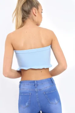 Rebellious Fashion Blue Lace Up Front Frill Bandeau Crop Top - Cyndi