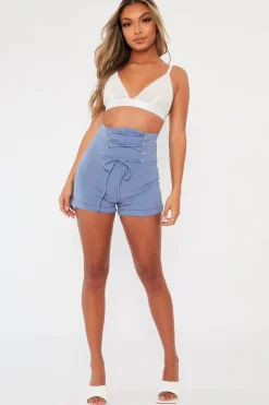 Rebellious Fashion Blue Lace Up High Waisted Tailored Shorts - Darcia
