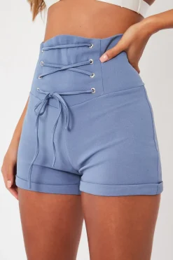Rebellious Fashion Blue Lace Up High Waisted Tailored Shorts - Darcia