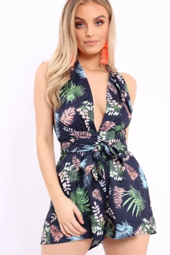 Rebellious Fashion Blue Leaf Print Halterneck Playsuit - Esmeralda