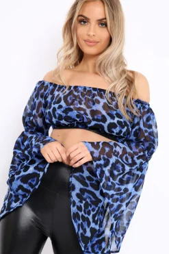 Rebellious Fashion Blue Leopard Print Flared Sleeves Sheer Crop Top - Jordan