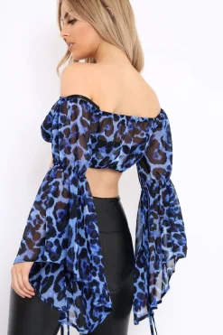 Rebellious Fashion Blue Leopard Print Flared Sleeves Sheer Crop Top - Jordan