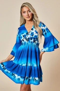 Rebellious Fashion Blue Leopard Print Frill Detail Flared Dress - Junko
