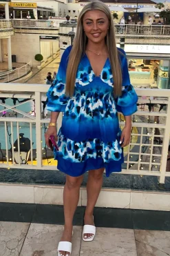 Rebellious Fashion Blue Leopard Print Frill Detail Flared Dress - Junko