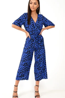 Rebellious Fashion Blue Leopard Print Wrap Culotte Jumpsuit -Juni