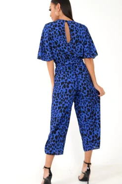 Rebellious Fashion Blue Leopard Print Wrap Culotte Jumpsuit -Juni