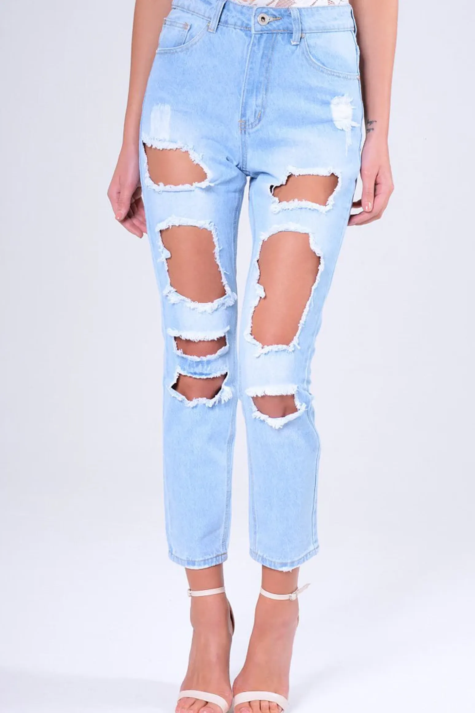 Rebellious Fashion Blue Light Wash Ripped Thigh Detail Mom Jeans - Ashleigh
