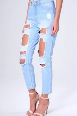 Rebellious Fashion Blue Light Wash Ripped Thigh Detail Mom Jeans - Ashleigh