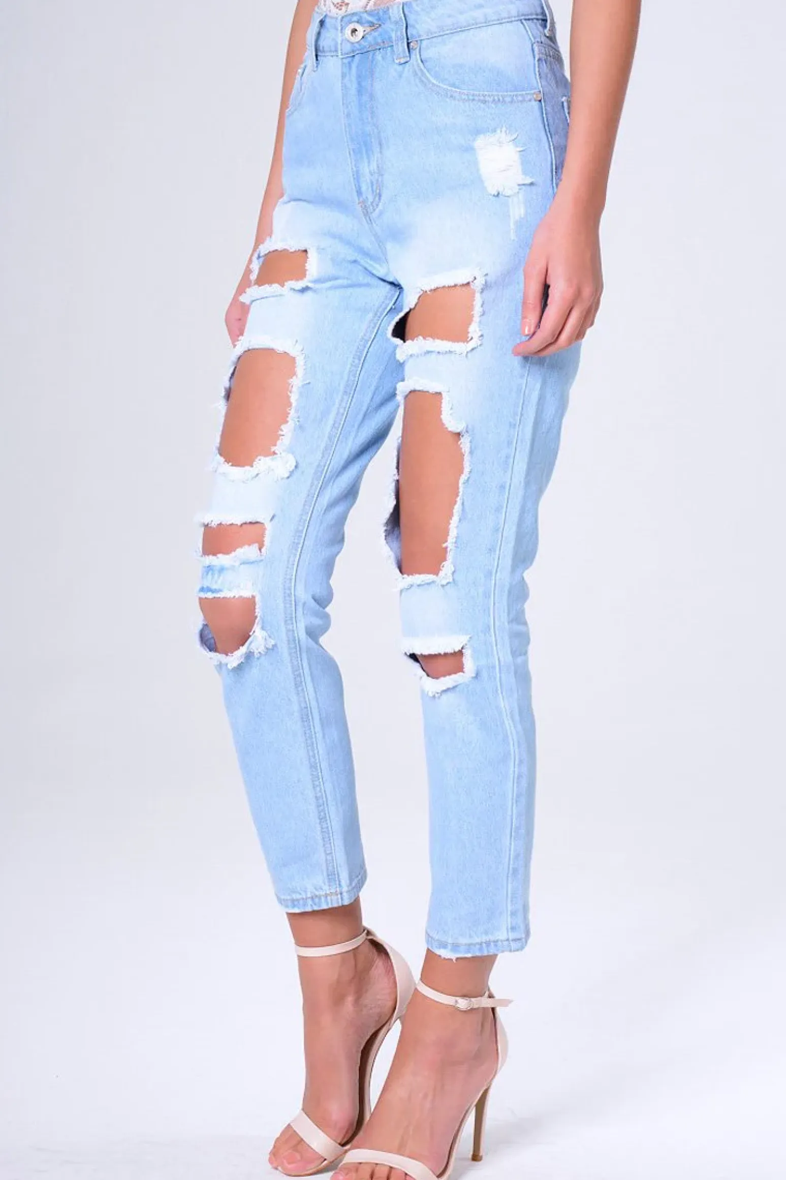 Rebellious Fashion Blue Light Wash Ripped Thigh Detail Mom Jeans - Ashleigh