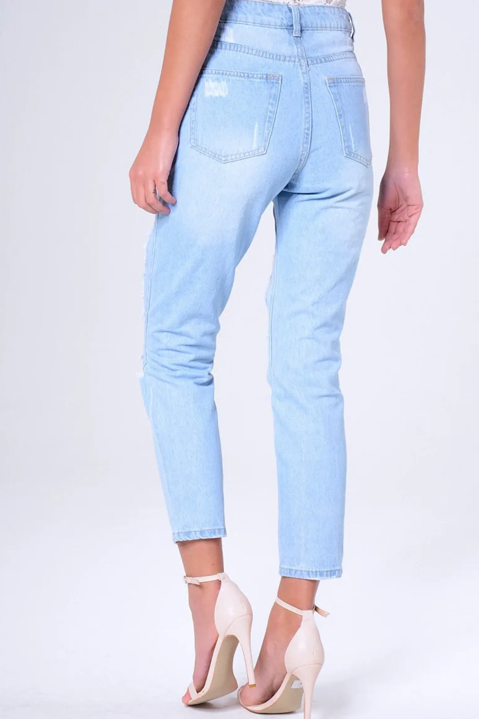 Rebellious Fashion Blue Light Wash Ripped Thigh Detail Mom Jeans - Ashleigh