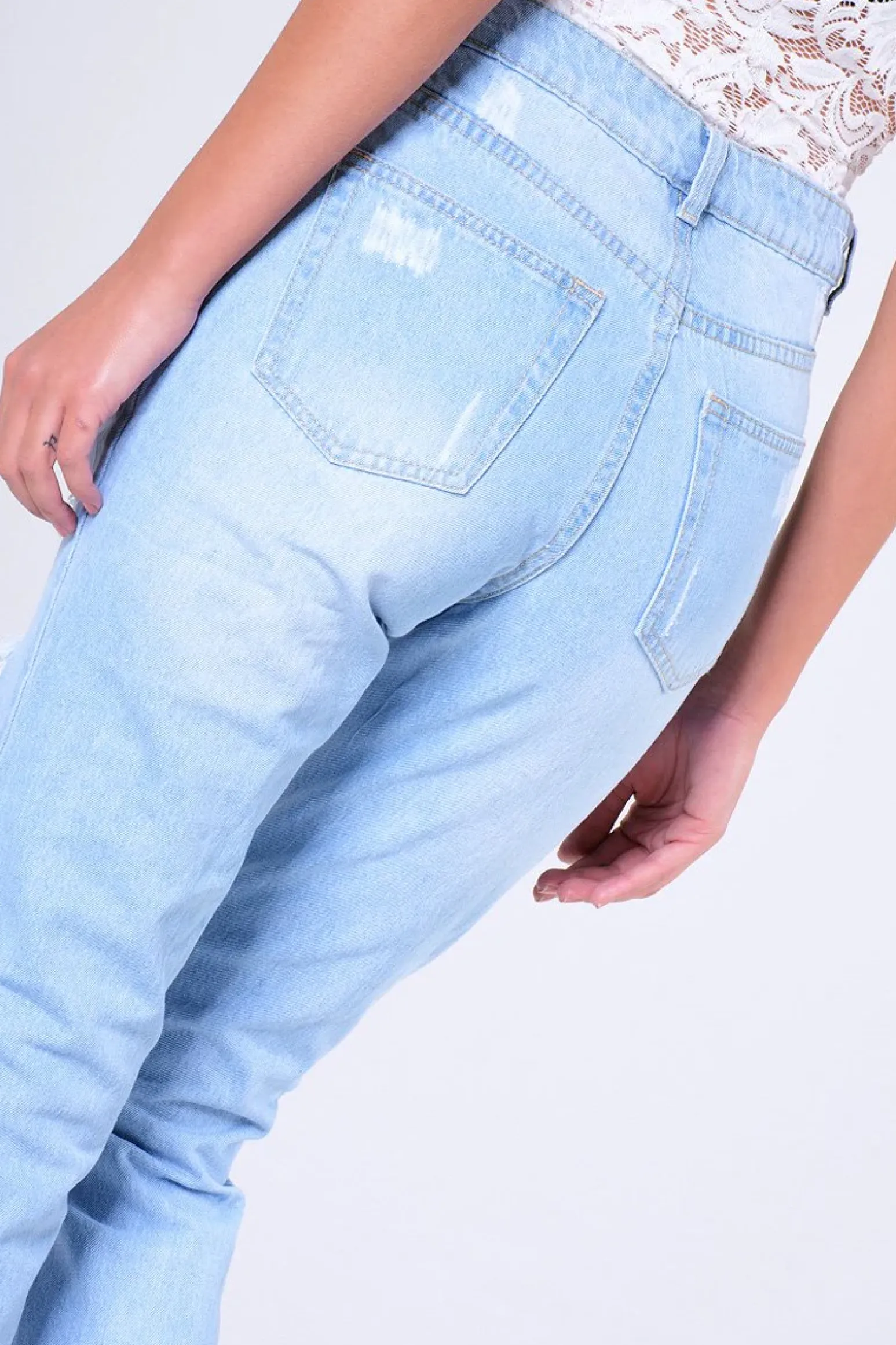 Rebellious Fashion Blue Light Wash Ripped Thigh Detail Mom Jeans - Ashleigh