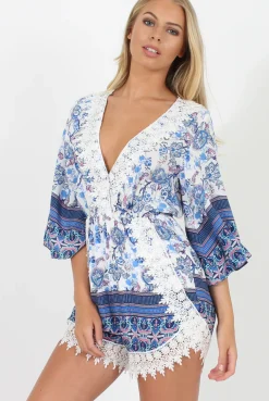Rebellious Fashion Blue Low Cut Crochet Playsuit - Evelyn