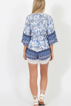 Rebellious Fashion Blue Low Cut Crochet Playsuit - Evelyn