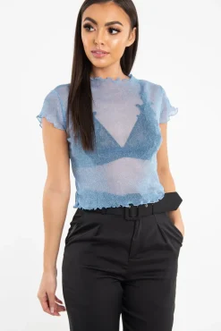 Rebellious Fashion Blue Mesh Glitter Crop Top - Kiah