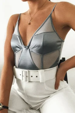 Rebellious Fashion Blue Mesh Insert Sleeveless Bodysuit - Milana