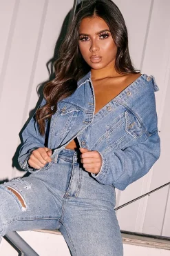 Rebellious Fashion Blue Mid Wash Cropped Denim Jacket - Gaby