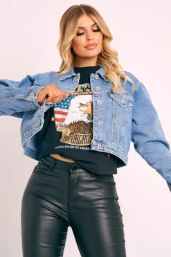 Rebellious Fashion Blue Mid Wash Cropped Denim Jacket - Gaby