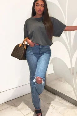 Rebellious Fashion Blue Mid Wash Ripped Knee Straight Leg Jeans - Brilynn