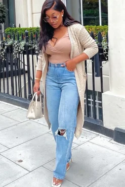 Rebellious Fashion Blue Mid Wash Ripped Knee Straight Leg Jeans - Brilynn