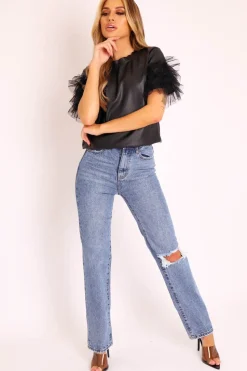 Rebellious Fashion Blue Mid Wash Ripped Knee Straight Leg Jeans - Brilynn