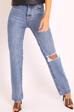 Rebellious Fashion Blue Mid Wash Ripped Knee Straight Leg Jeans - Brilynn