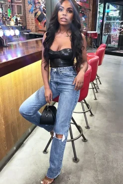 Rebellious Fashion Blue Mid Wash Ripped Knee Straight Leg Jeans - Brilynn