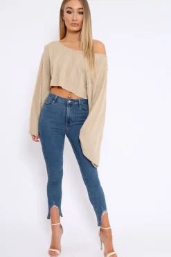 Rebellious Fashion Blue Mid Wash Split Hem Skinny Jeans - Raizy