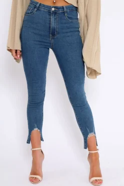 Rebellious Fashion Blue Mid Wash Split Hem Skinny Jeans - Raizy