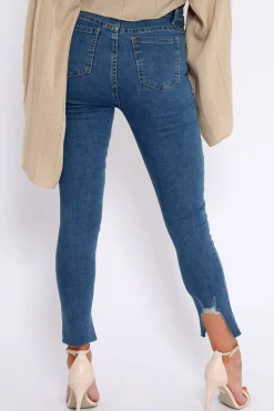 Rebellious Fashion Blue Mid Wash Split Hem Skinny Jeans - Raizy