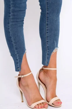 Rebellious Fashion Blue Mid Wash Split Hem Skinny Jeans - Raizy