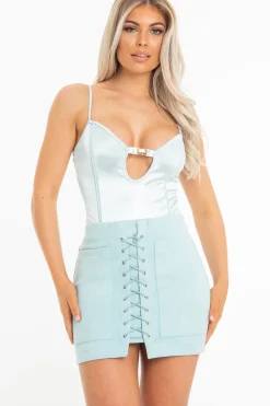 Rebellious Fashion Blue Mint Satin Clasp Front Plunge Seam Front Bodysuit - Maisie
