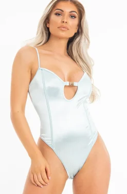 Rebellious Fashion Blue Mint Satin Clasp Front Plunge Seam Front Bodysuit - Maisie