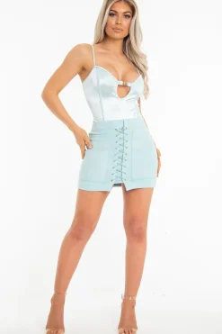 Rebellious Fashion Blue Mint Satin Clasp Front Plunge Seam Front Bodysuit - Maisie