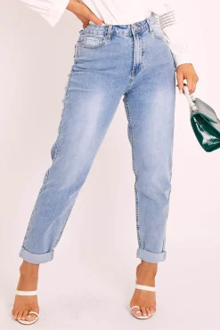 Rebellious Fashion Blue Mom Fit Roll Hem Denim Jeans - Naomi