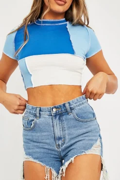 Rebellious Fashion Blue Multi Contrast Stitch Panel Crop Top - Desire
