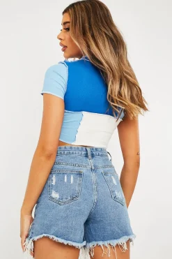 Rebellious Fashion Blue Multi Contrast Stitch Panel Crop Top - Desire