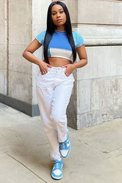 Rebellious Fashion Blue Multi Contrast Stitch Panel Crop Top - Desire
