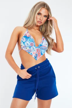 Rebellious Fashion Blue Multi Print Mesh Crop Top - Klara