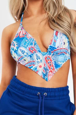 Rebellious Fashion Blue Multi Print Mesh Crop Top - Klara