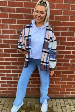 Rebellious Fashion Blue Nude Check Pocket Front Shacket - Misa