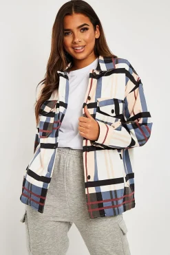 Rebellious Fashion Blue Nude Check Pocket Front Shacket - Misa