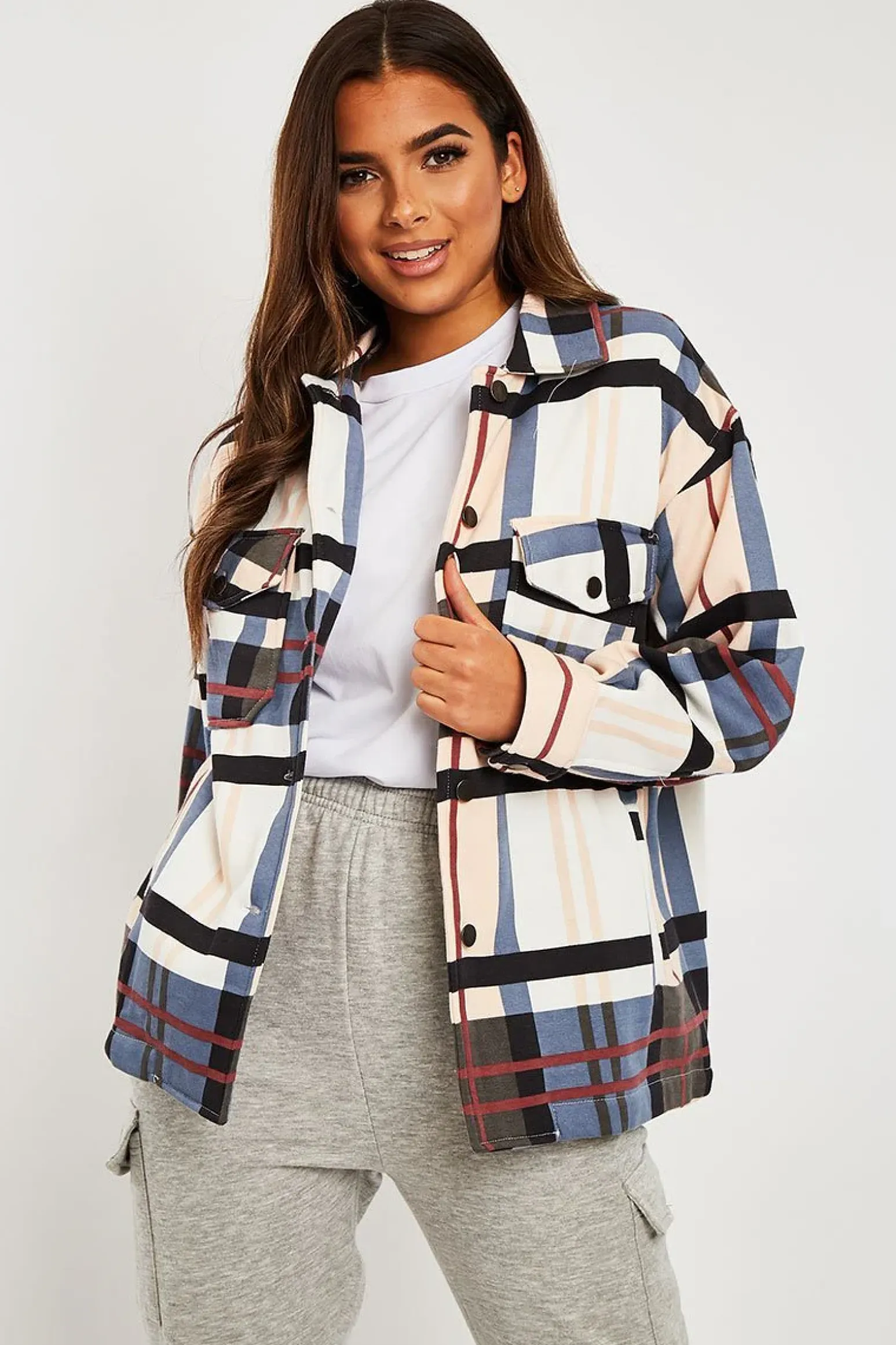 Rebellious Fashion Blue Nude Check Pocket Front Shacket - Misa