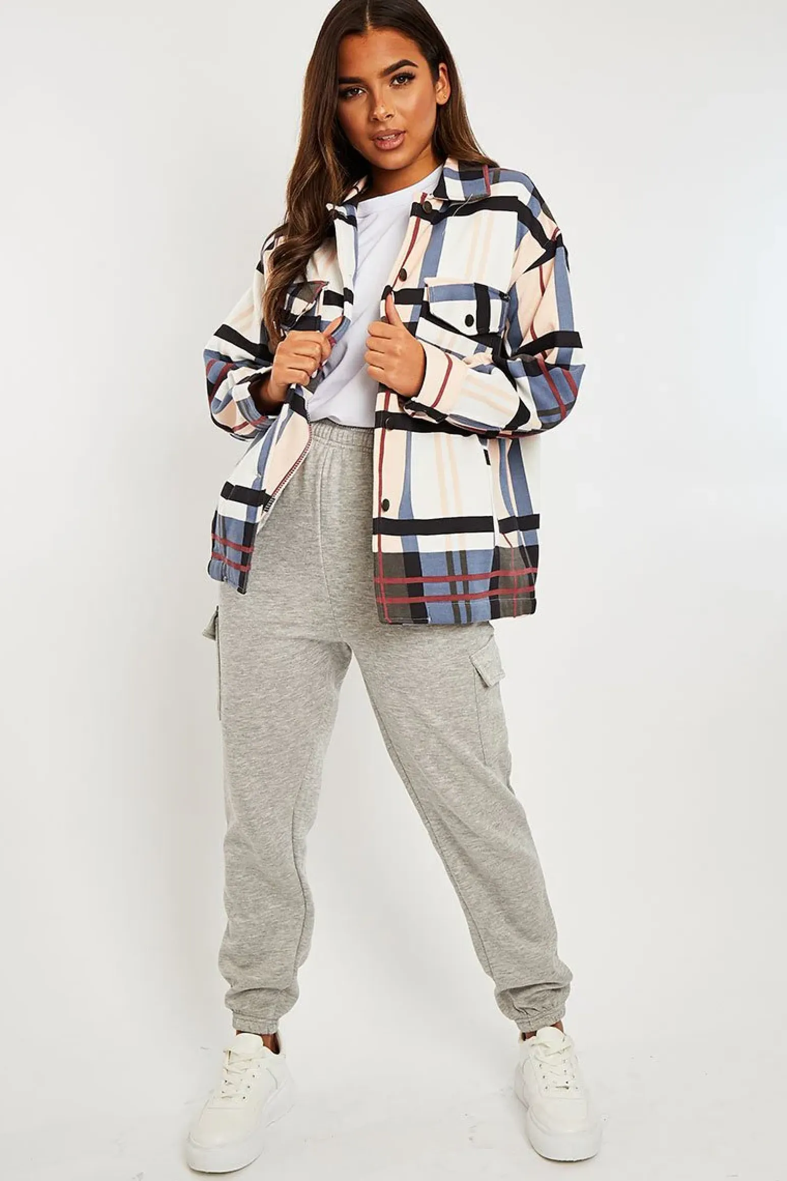 Rebellious Fashion Blue Nude Check Pocket Front Shacket - Misa