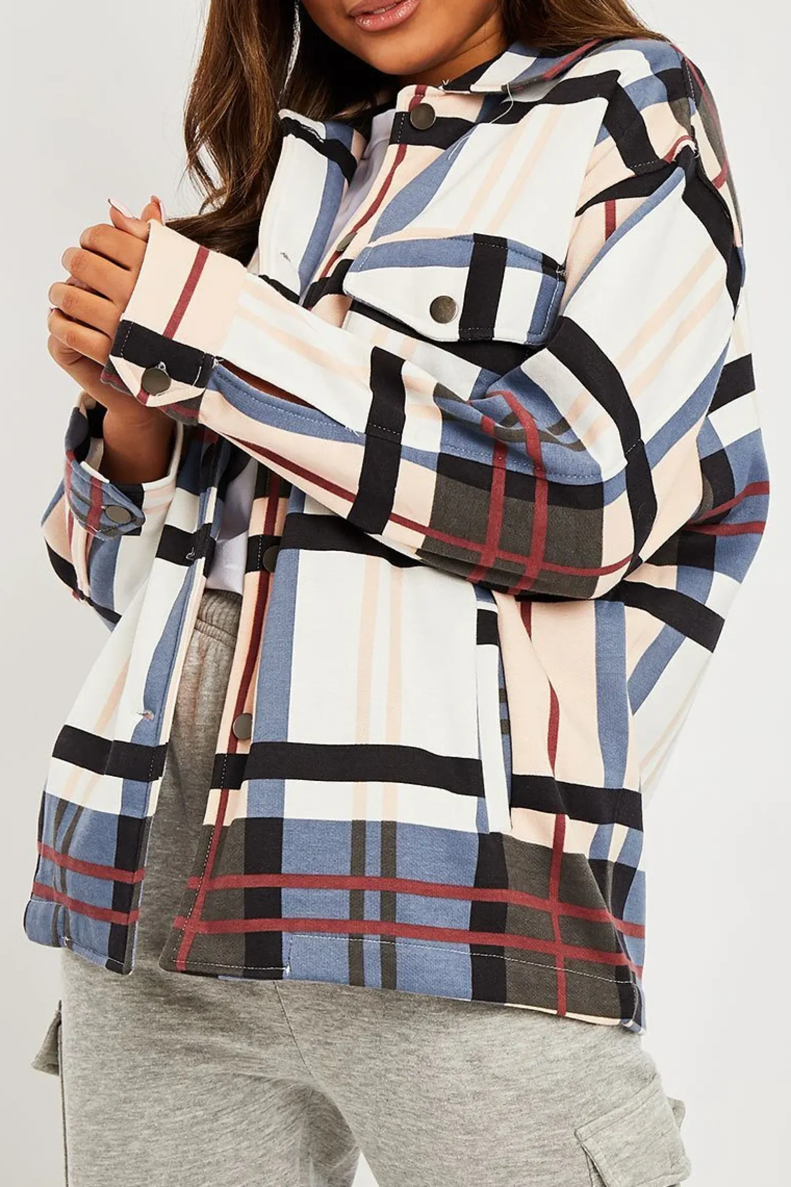 Rebellious Fashion Blue Nude Check Pocket Front Shacket - Misa