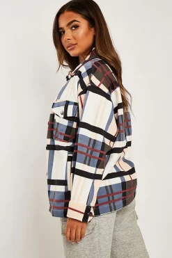 Rebellious Fashion Blue Nude Check Pocket Front Shacket - Misa