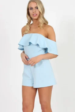 Rebellious Fashion Blue Off The Should Frill Playsuit - Annalix