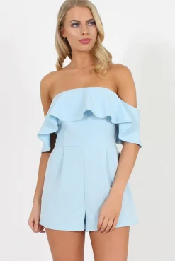 Rebellious Fashion Blue Off The Should Frill Playsuit - Annalix